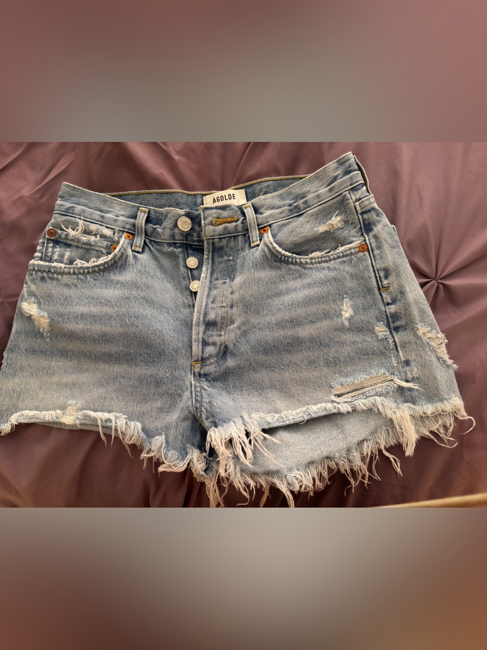 Agolde Washed Light Blue Distressed High-Rise Denim Shorts